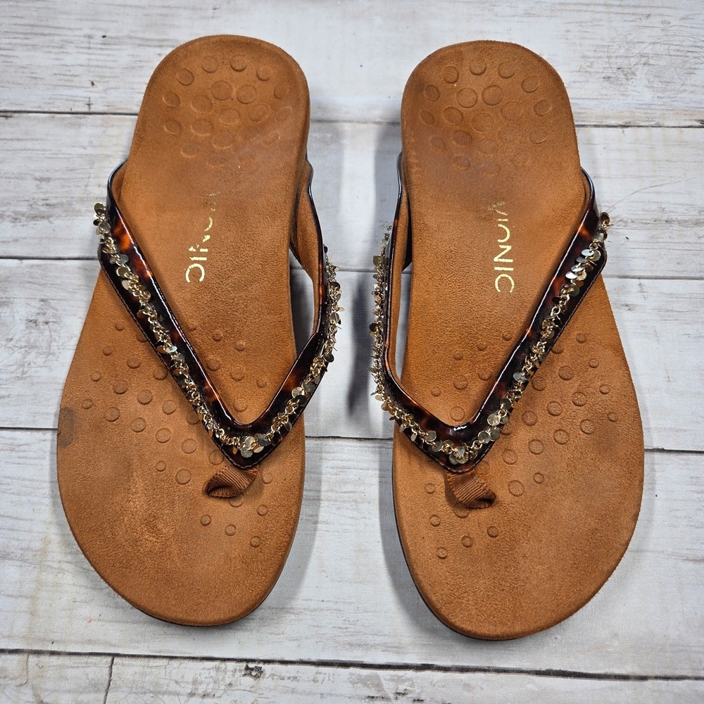 Vionic Belize Thong Sandal Tortoise Gold Chain Women 10 Wide Brown 340BELIZE